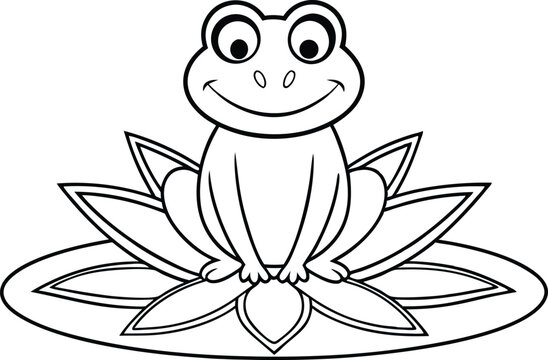 recommend clip art: Cartoon Frog Sitting on a Lily Pad, Outline, Smiling, Pond Life, Black and White