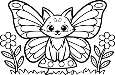 Outline fox with butterfly wings sits mushroom for coloring page