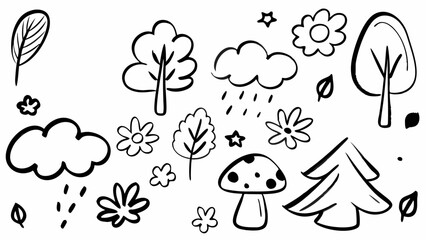 Nature doodle vector set, Hand-drawn nature icons, Botanical sketch elements, Forest and flower doodles,  Playful doodle-style nature icons like leaves, flowers, trees, mushrooms, and clouds