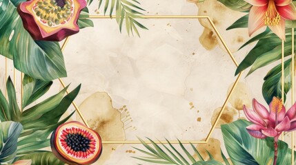 Tropical summer frame design with exotic fruits and flowers on soft textured background with gold geometric border and place for text