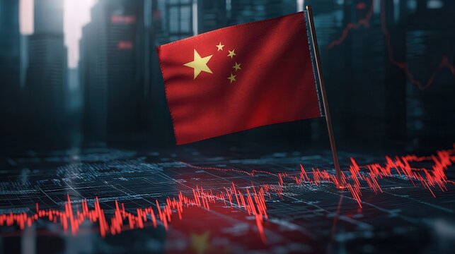 Global economy China stock market impact Chinese flag in a digital cityscape with data visualization elements. - Powered by Adobe