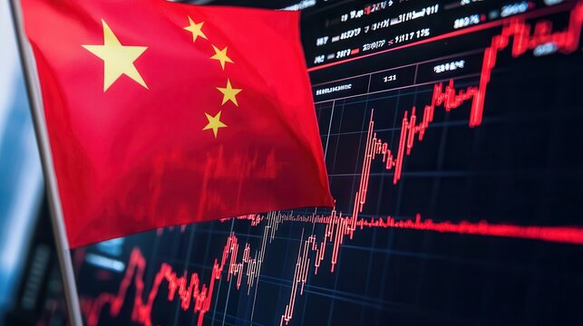 Global economy China stock market impact Chinese flag overlaid on stock market data and graphs.