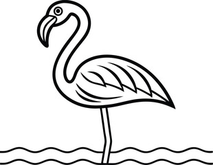Outline Flamingo Wading in Water, Striking Black on White Bird