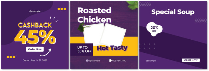 Promotional Food Banner Set Featuring Discounts, Chicken, and Soup