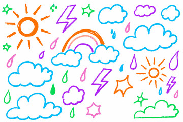 Obraz premium Weather doodle vector set, Crayon weather icons, Hand-drawn forecast symbols, Weather sketch elements, Doodle-style weather elements like sun, rain, lightning, and clouds in crayon texture