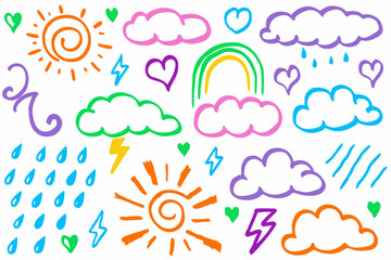 Weather doodle vector set, Crayon weather icons, Hand-drawn forecast symbols, Weather sketch elements,  Doodle-style weather elements like sun, rain, lightning, and clouds in crayon texture