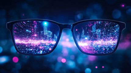 Cityscape Reflection in Glasses:  A futuristic cityscape shimmers, reflected in the lenses of stylish glasses, showcasing a world of innovation and the ability to transform the world around us.