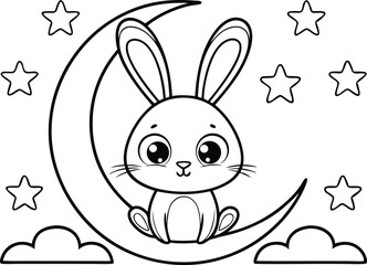 Adorable Bunny Sitting on Moon Surrounded By Stars, Cute Line Art