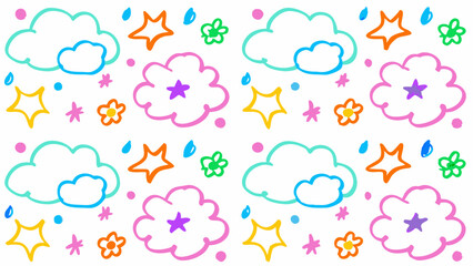 Weather doodle vector set, Crayon weather icons, Hand-drawn forecast symbols, Weather sketch elements,  Doodle-style weather elements like sun, rain, lightning, and clouds in crayon texture