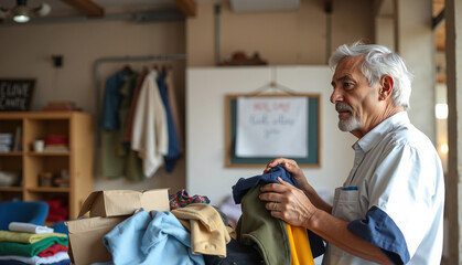 Elderly man examining clothes in a vintage shop  