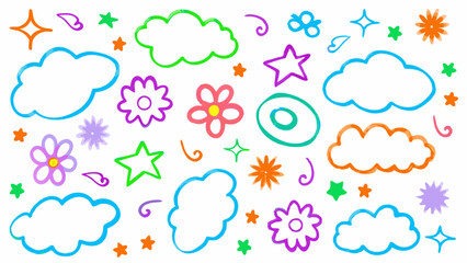 Kids doodle vector collection, Crayon art brush set, Childish hand-drawn icons, Cute vector elements pack, Cute colorful hand-drawn kid-style brush elements including clouds, stars, and flowers