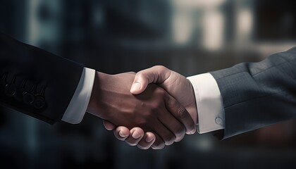Close-up of two business people in suits shaking hands, symbolizing agreement or partnership, with warm natural light and blurred office background for corporate concept