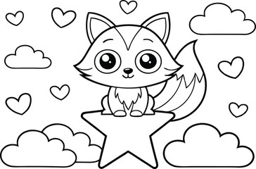 Cute Cartoon Fox Sitting on Star with Clouds and Hearts in Line Art Style