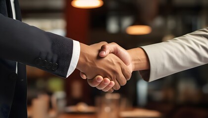 Close-up of two business people in suits shaking hands, symbolizing agreement or partnership, with warm natural light and blurred office background for corporate concept