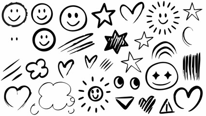 Black doodle scribble set, Crayon sketch emoji elements, Hand-drawn marker icon pack, Grunge sketch vector collection, Black crayon scribbles and smiley faces with expressive doodle icons