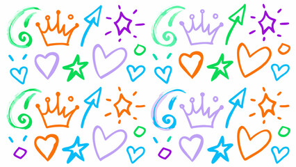 Doodle elements vector set, Hand-drawn shapes collection, Colorful scribble design elements, Marker sketch vector icons, Colorful hand-drawn doodles of arrows, hearts, stars, and crowns