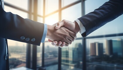 Close-up of two business people in suits shaking hands, symbolizing agreement or partnership, with warm natural light and blurred office background for corporate concept