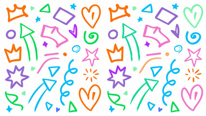 Doodle elements vector set, Hand-drawn shapes collection, Colorful scribble design elements, Marker sketch vector icons, Colorful hand-drawn doodles of arrows, hearts, stars, and crowns
