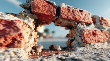 Fototapeta premium Looking Through Brick Hole Onto Cityscape and Beach