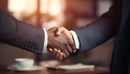 Close-up of two business people in suits shaking hands, symbolizing agreement or partnership, with warm natural light and blurred office background for corporate concept