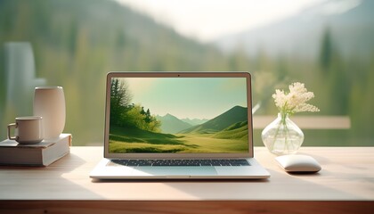 Minimalist workspace with laptop, green plants, and stationery on wooden desk against green wall