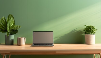 Minimalist workspace with laptop, green plants, and stationery on wooden desk against green wall