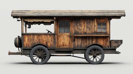 Vintage wooden caravan with rustic charm, parked on a neutral background, showcasing craftsmanship