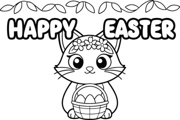Happy Easter Line Art Cute Cat With Floral Wreath Holding Basket Of Eggs