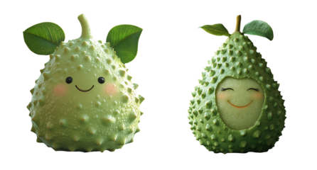 Cute 3D style durians with smiley faces, showcasing playful and friendly design that brings joy and charm