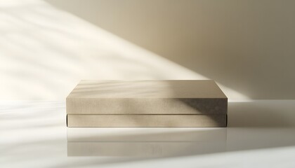 Closed cardboard box with tape in soft natural light and shadows on neutral background