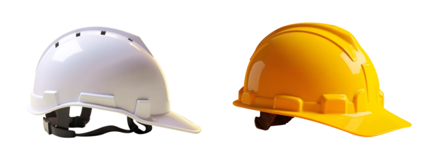 White and yellow hard hats representing safety and construction, showcasing their importance in protecting workers on job sites