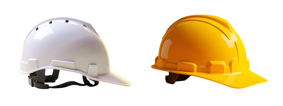 White and yellow hard hats representing safety and construction, showcasing their importance in protecting workers on job sites