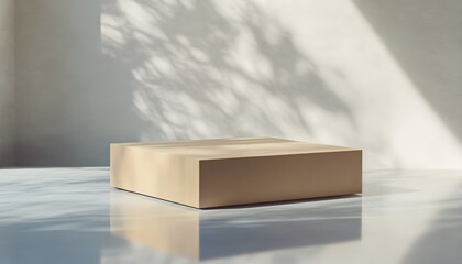 Closed cardboard box with tape in soft natural light and shadows on neutral background