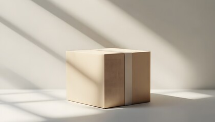 Closed cardboard box with tape in soft natural light and shadows on neutral background