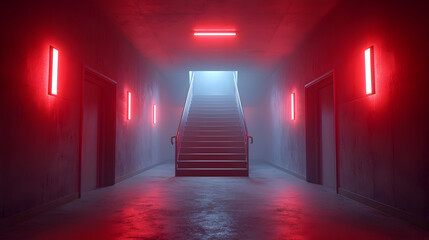 Red Neon Lit Concrete Stairwell in a Dark Corridor