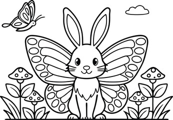 Cute Line Art Rabbit with Butterfly Wings and Flying Butterfly