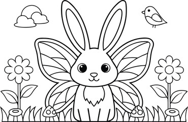 Butterflywinged Bunny with Flowers, Grass, Cloud and Bird Outline