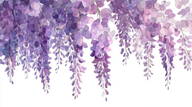 Watercolor painting of cascading wisteria flowers in various shades of purple on a white background