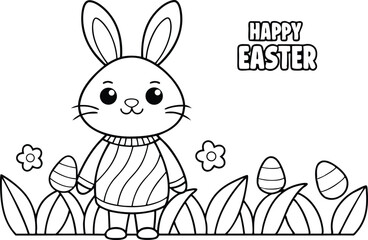 Outlined Cartoon Rabbit with Easter Eggs Flowers and Happy Easter Word art