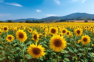 Fototapeta premium Sunflowers Bloom Brightly in Vast Field, Under Blue Sky and Rolling Hills, A Summer Day's Delightful Scene.