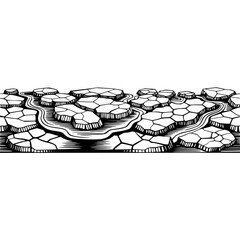 Stylized Geometric Polygonal Landscape with River, Black and White Line Art Illustration