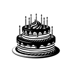 Classic Black and White Vector Birthday Cake with Candles and Drip Icing Illustration