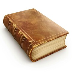 Obraz premium Aged leather-bound book rests on a white surface.