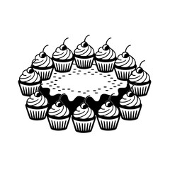 Graphic Black and White Cake and Cupcake Circle Illustration, Festive Dessert Ring