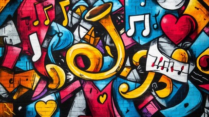 Vibrant and colorful graffiti art featuring musical elements on brick