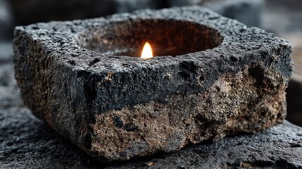 Fototapeta premium Burning Candle in Rough Stone Holder Enhancing Peaceful Ambience