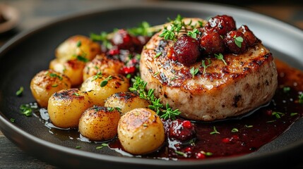 Grilled pork chop with cranberry sauce served with roasted baby potatoes and herbs