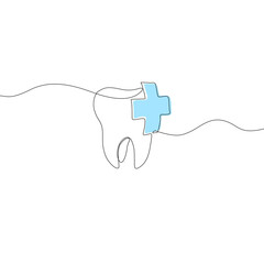 Obraz premium Continuous line drawing of tooth. Dental care symbol. Dentist sign. Health and medical. One line drawing. Single line art. Vector illustration.