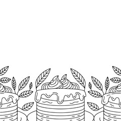 Sweet Black and White Outline Cake & Leaf Border Illustration. Cute dessert frame drawing, perfect for coloring, invitations, or decorative designs.