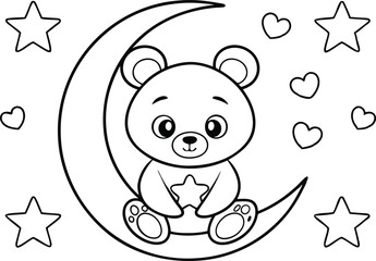 Cartoon Teddy Bear Sitting on Moon with Star Outline Hearts Isolated on White